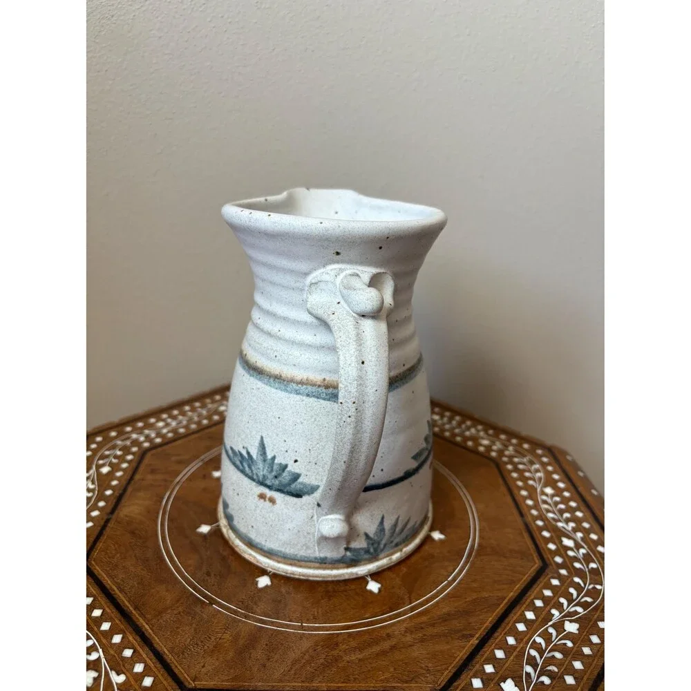 Vintage Speckled Stoneware Pottery Pitcher Vase Blue Florals Leafs Artist Signed